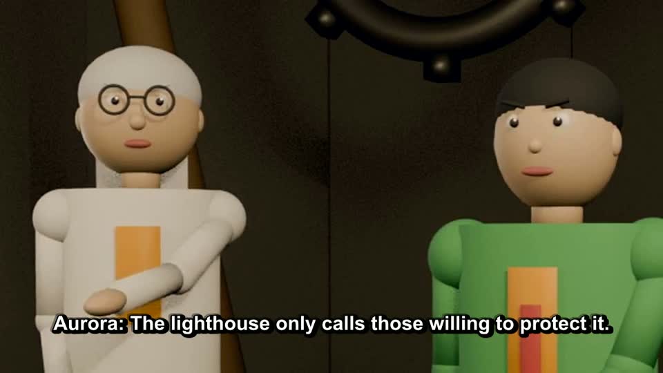 AVS render — two AI-designed characters in a dialogue scene with generated subtitles