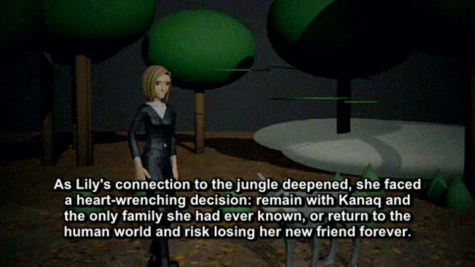 AVS render — jungle environment scene with narration subtitles
