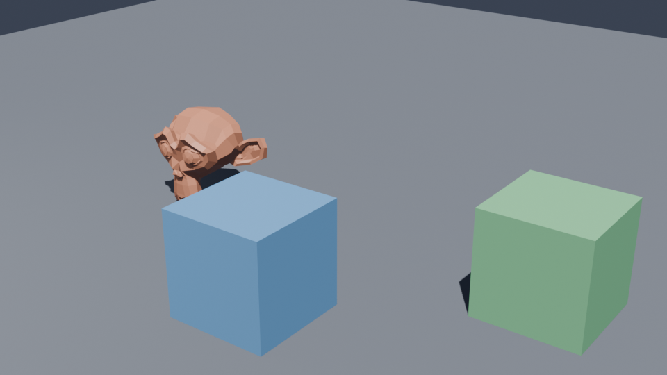 Rendered Blender frame showing a monkey mesh and two coloured cubes on a ground plane, generated from a JSON scene manifest